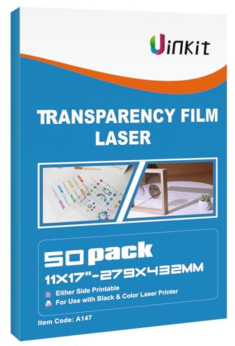 Uinkit 11x17 Laser Transparency Film OHP 50 Pack Acetate Sheets Clear Overhead Projector Laserjet Film for Color Laser Jet Printer and Copier A3 Menu Size 11 x 17 50 Pack Uinkit