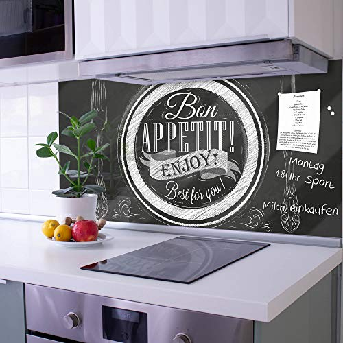banjado Küchenrückwand Glas ohne Bohren 100x50cm – Glasrückwand Küche mit Motiv Bon Appetit/Spritzschutz Küchenrückwand Glas/selbstklebende Küchenrückwand Platte - magnetisch & beschreibbar