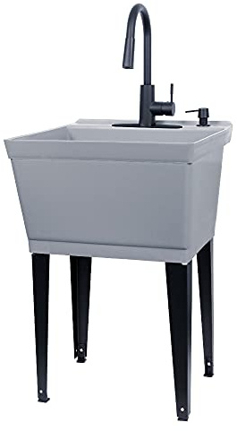 Grey Utility Sink Laundry Tub With High Arc Black Faucet By VETTA - Pull Down Sprayer Spout, Heavy Duty Slop Sinks For Washing Room, Basement, Garage, or Shop, Free Standing Tubs