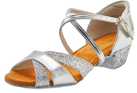 missfiona Chaussures de Danse pour Fille, Chaussures de Latine à Talon Bas et à Paillettes pour Femmes