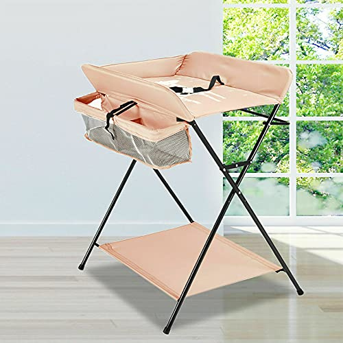Cambiador plegable, altura ajustable, mesa plegable con/sin ruedas, cambiador móvil con estera, cinturón de seguridad y compartimentos de almacenamiento. Adecuado para bebés y niños pequeños.