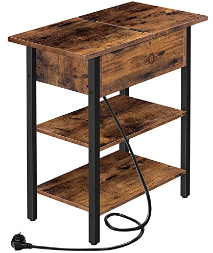 HOOBRO Beistelltisch, Flip-Top Sofatisch mit Ladestation und Ablagefläche, Schmaler Nachttisch für kleine Räume, Schlafzimmer, Wohnzimmer, Stabile, Dunkelbraun EBF342BZ01