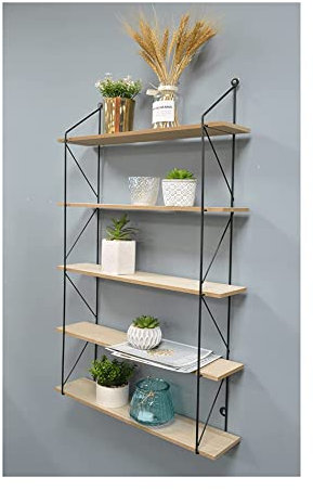 spot on dealz® 5 Tier Modern Black floating decorative hanging shelves with MDF Oak wood and metal wire frame bookshelves industrial wall mounted display shelving unit, Living Room furniture