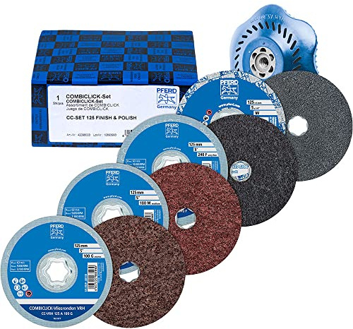 PFERD TOOLS COMBICLICK Vlies-/Filzronden-Set, 5-teilig | Ø 125mm Korund A240, A180, A100, Siliciumcarbid SiC fein, inkl. Stützteller | 42098003 – für Feinschliff & Finish mit dem Winkelschleifer
