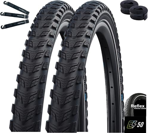 Schwalbe Marathon 365 2 x GreenGuard E-50 Fahrradreifen Schwarz mit Reflex 47-622 (28 x 1,75) + 2 x Schwalbe Schläuche SV17 inkl. maxxi4you Reifenheber