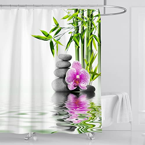OCEUMACO Duschvorhang 240x200 Zen Shower Curtains Textil Antischimmel Wasserdicht 3D Orchidee Bambus Duschvorhänge Badewanne Stoff aus Polyester Waschbar Vorhang mit Ringe - Weiß Grün