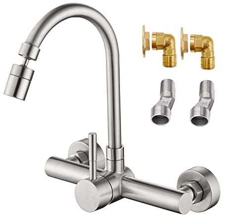 Wall Mount Unility Kitchen Sink Faucet Brushed 8 Inch Center Faucet with Gooseneck Swivel Spout Single Handle Kitchen Faucet Utility Laundry Restaurant Mixer Tap Stainless Steel Constructed Lead-Free