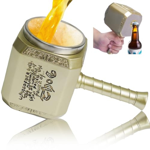 Tasse a Cafe Marteau de Thor Inox,Mug Personnalisé Thor, Verre a Biere Original,Chope à Bière,Cadeau D'anniversaire Amusants Personnalisés pour Hommes Femmes Famille Enfants Amis Collègues 450 ml (Or)