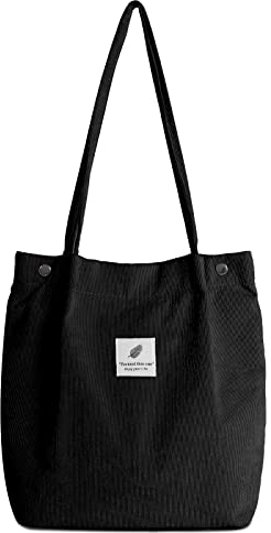 Cord Tasche Damen Tote Bag, Cord Umhängetasche Damen Mode Handtasche Damen Beutel Lässige Stofftasche für Alltag, Büro, Schulausflug und Einkauf Schwarz