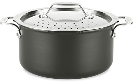 All-Clad HA1 Hard Anodized Nonstick Stockpot, Multi-Pot with Strainer 6 Quart Oven Broiler Safe 500F Strainer, Pasta Strainer with Handle, Pots and Pans Black