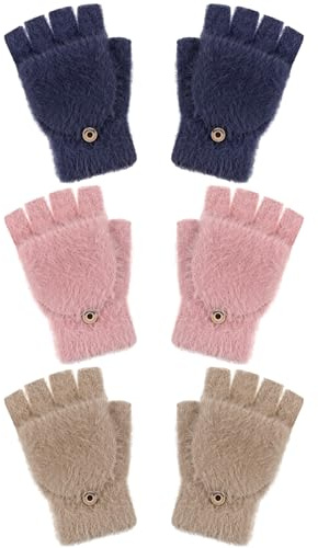 Geyoga 3 Pairs Kids Fingerless Gloves Winter Flip Gloves Warm Convertible Mitten for Girls Teenager Half Fingerless Mittens(Teal, Khaki, Red,5-10 Years)