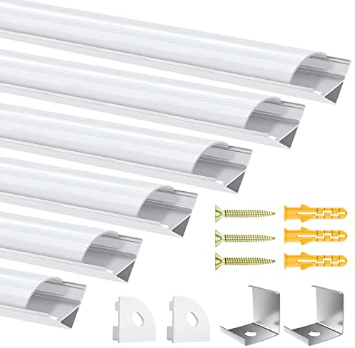 LED Profil 6 x 1m, 6-Pack LED Aluminium Profil V-Form mit Weiß Milchige Abdeckung, Endkappen, und Montagematerial, LED Kanäle für LED Streifen (LED Strips/Band bis 10 mm inkl)