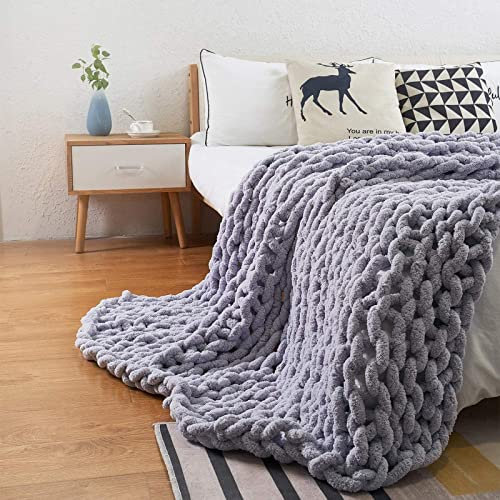 PRELGOSP Weicher Strickdecke, Handgefertigt Grob Gestrickte Kuscheldecke, Wolldecke Strick Haustier Bett Stuhl Sofa Yoga Matte Teppich,Light Gray,200x200cm