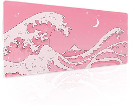 Kawani Pink Japanese Anime Gaming Mouse Pad XL Cute Kawaii Aesthetic Wave Extended Big Large Desk Mat Non-Slip Rubber Base Stitched Edge Long Keyboard Mousepad for PC Computer Laptop,31.5×11.8 in