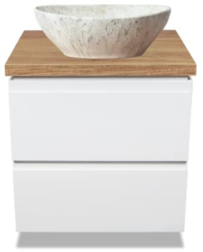 VBChome Badmöbel 60 cm Weiß Aufsatzwaschbecken Sofia Stone Matt 41x35 cm Aufsatzwaschtisch mit Waschbeckenunterschrank 2 Schubladen Moduo Badezimmerschrank