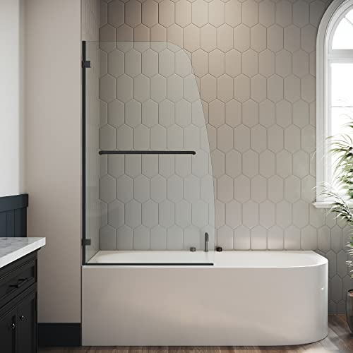ELEGANT Frameless Bathtub Shower Door 34 W x 58 H, 5/16 Clear Tempered Glass Bathtub Doors, Pivot Tub Screen, Matte Black