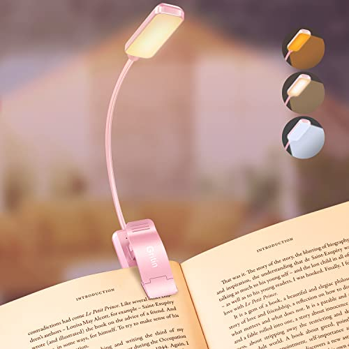Gritin 9 LED Clip on Book Light, 3 Eye-Protecting Modes Flexible Reading Light Book Lamp (Warm&Cool White) -Stepless Dimming, Rechargeable, Long Battery Life, 4-Level Power Indicator-Pink