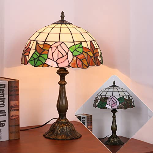 AIBOTY Buntglas-Tischlampe im Tiffany-Stil Pastorale rote Rosen-Schreibtischleuchten Traditionelle 12-Zoll-Leselampe am Bett für Wohnzimmer Schlafzimmer Home Office