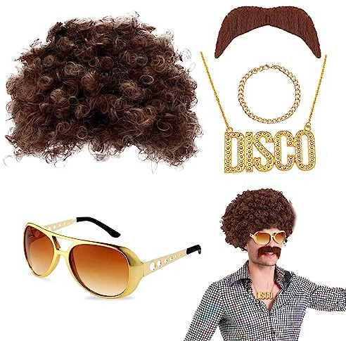 VIKSAUN 5-teiliges Hippie-Kostüm-Set mit Afro-Funky Perücke, Rapper-Zubehör der 80er-90er, 60er-Jahre-Kostüm für Karneval und Disco, geeignet für Männer und Frauen (5 Stück)