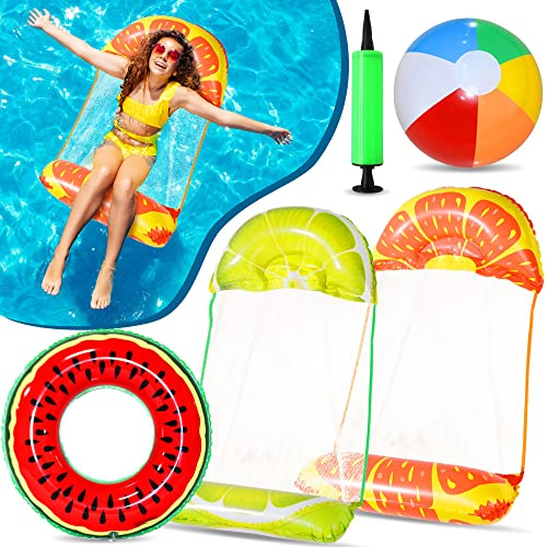 Chennyfun Pool Float Water Hammock, 2 Pack,Lemon and Orange | With Beach Ball and Fruit Swimming Ring and Air Pump,Inflatable Lounger Floating Chair BedsRelaxing Water Toys for Adult Kid