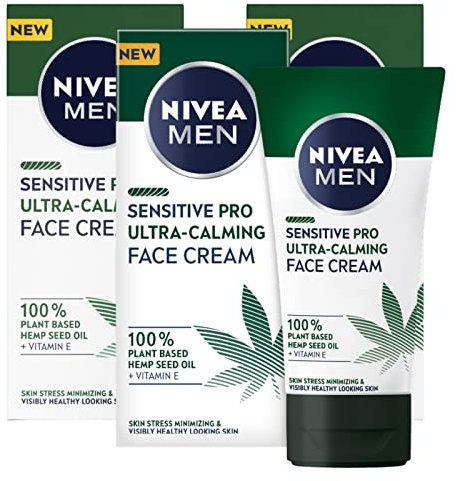 Nivea Men Sensitive Pro Lot de 3 flacons de 75 ml de crème visage pour homme Formule végétalienne ultra calmant à l'huile de graines de chanvre et à la vitamine E Texture hydratante et anti-stress à