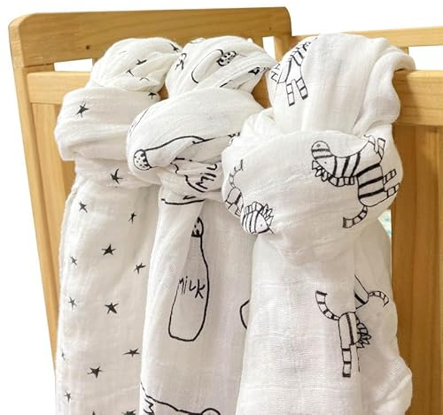 Alimos Organic Bamboo and Cotton Muslin Cloths - Soft and Gentle Baby Swaddle Blankets - Multi-Purpose Burp Cloths and Nursing Covers (120_x_120_cm, Black & White)