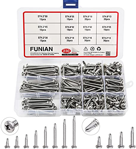 230 Stück Selbstschneidende Schrauben, 410 Edelstahl Bohrschrauben Selbstschneidend Kit, Selbstbohrende Blechschrauben Set - 12 Größen ST4,2 * 13/16/19/25/32/38/45/50mm, ST4,8 * 13/19/25/32mm