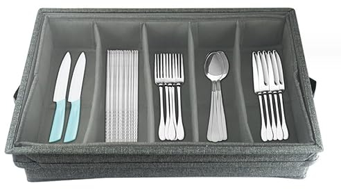 Boîte de rangement pour couverts, argenterie avec séparateurs réglables, poignées et couvercle, boîte de rangement pour couverts de cuisine Gris 16.54x11.42x3.15inch (Gris)