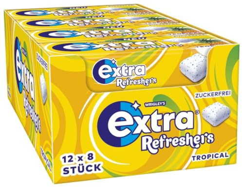 EXTRA Refreshers Tropical Kaugummi zuckerfrei, Büro & Auto, 12x8 Stk. | Zuckerfreier Kaugummi mit tropischen Früchten, mehrere Packs im Taschenformat, ideal für unterwegs, Büro und Lernen