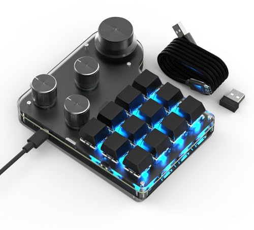 BRIMFORD Macro Programmable Keypad, One Handed Custom 2.4 G Programmable Gaming Keyboards Multifunction 12 Keys 4 Knobs Compatible for Windows,Mac OS, Bluetooth Macro Keypad Suitable for Office/Lab