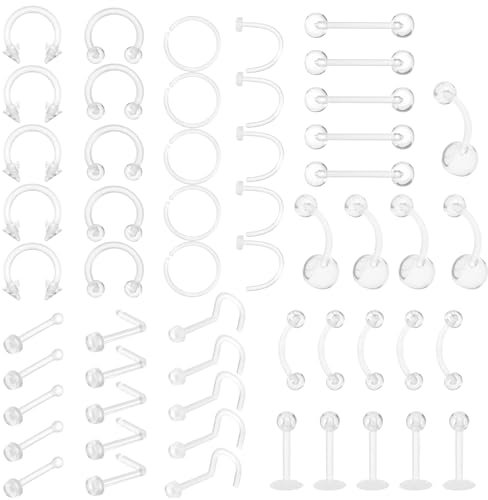Yolev 55-teiliges Piercing Set: 16G/20G Acryl Nasenring, Bauchring, Septum, Ohrknorpel, Augenbraue, Zunge, Lippe, Knorpel, Labret Piercings, Industriestab, Kunststoff Piercing Schmuck
