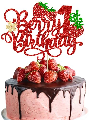 Gyufise 1Pcs Berry 1st Birthday Cake Topper Red Flower Glitter Sweet Fruit Theme First Birthday Strawberry One Cake Pick for Strawberry Theme Baby Shower Kids 1st Birthday Party Supplies