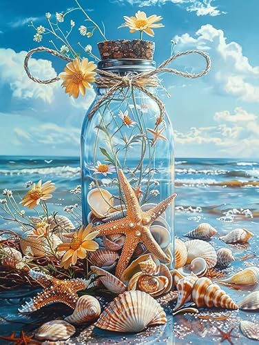 Bimkole 5D Diamond Paintinger För Vuxna Skal, Full Borrmålning Gör-det-själv Strass Broderi Set Färg Med Diamanter Kit Strandflaska Korsstygn Hem Vägg Hantverk Dekoration 30x40cm
