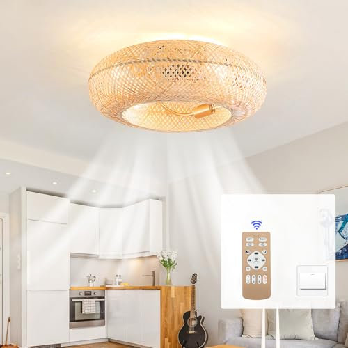 Luyaim Bambú Tejido A Mano Ventilador De Techo Con Luz Y Mando A Distancia Jaula E27 Moderna Lámpara Ventilador Techo Motor DC Reversible 6 Velocidades Para Dormitorio Salon Modernos Diseños-45CM