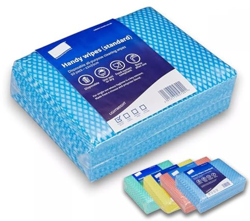 Clearly Pack 50 Blue Disposable J Cloths, Non Woven Wipes, All Purpose Cleaning Cloths, Dish Cloths for Washing Up, Quick-Drying, Washable Wipes for Kitchen, Bathroom, Window