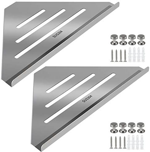 Skelang 304 Stainless Steel Corner Shelf, Triangle Shower Caddy, Floating Shampoo Holder with Screws for Bathroom, Kitchen Organization, Pack of 2 (Polished Silver)