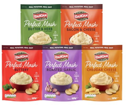 Idahoan Perfect Mash Potato Variety Pack of 5 x 109g - Instant Mashed Potato Butter & Herb, Buttery, Bacon & Cheese, Roasted Garlic, Cheddar Cheese Mashed Potaoes Cooks in 1 Minute Ready To Eat
