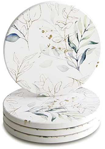 Vibiliyou Set of 4 Cute Spring Leaves Floral Ceramic Absorbent Cup Coasters,Featuring Green and Gold Plant Leaf Designs as gifts for drinks and tabletop protection,ideal for housewarming decor