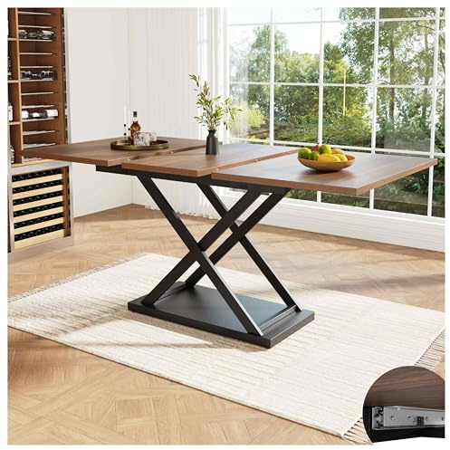 Wyibwy Tavolo allungabile sala da pranzo 120-160×80, tavolo da cucina salvaspazio, gambe di ferro incrociate nere, tavolo allungabile, mobile soggiorno, noce+nero