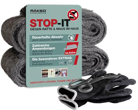RAKSO STOP-IT Stahlwolle – 2 x 3 m rostfreie Stahlwolle zum Abdichten, Schleifen & Isolieren – langlebiges Dichtmaterial für Haus & Garten – inkl. Schere & Handschuhe – 100% chemiefrei