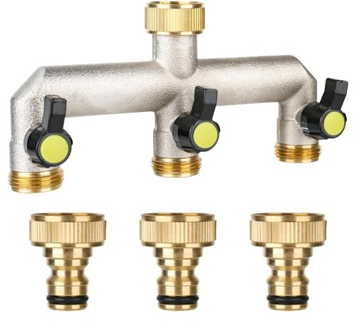 Hose Splitter 3 Way, Brass Garden Outside Tap Splitter, 3/4 Water Taps Distributor, Multi Tap Connector Faucet Splitter for Hose Pipe Fittings, Watering System, Ball Valves, Outside Tap Connector