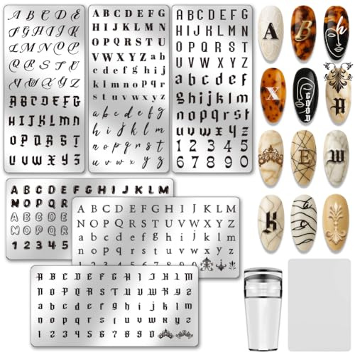 PH PandaHall 6pz Timbri per Unghie con Lettere Alfabeti Motivi per Nail Art Design per Nail Art con Numeri Stencil per Unghie Personalizzati per Donne Fai Da Te Stampa Manicure Salone