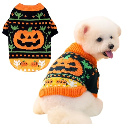 Fnaobai Halloween Dog Sweaters Cat Pumpkin Knitwear Skull Shirt Pet Turtleneck Clothes for Small Medium Large Dogs Cats Yorkie Chihuahua Pomeranian (XS)