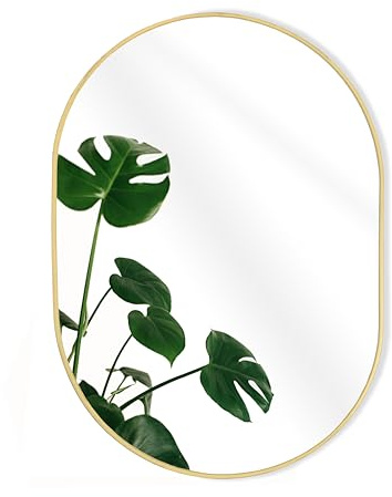 GreyZouq Large 70cm x 50cm Oval Wall mounted Mirror, Elegant Framed contemporary Decor for Bathroom, Bedroom & Living Room. Horizontal or vertical hanging. (Gold)