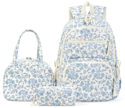 TIAASTAP School Backpack for Girls - Cute Preppy School Bag Floral Aesthetic Backpack Set Quilted Rucksack for Teenage Secondary College (Blue)