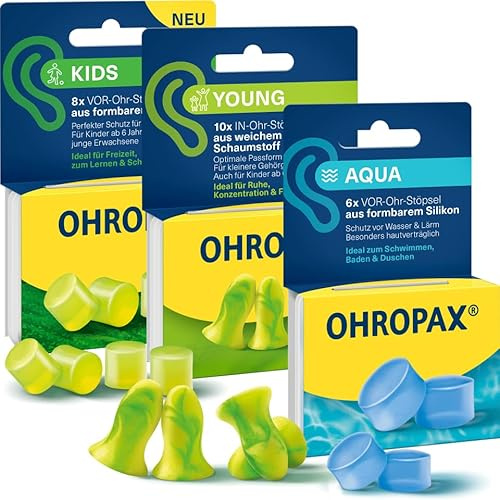 OHROPAX Ohrstöpsel Set für kleinere Gehörgänge – Bestehend aus jeweils eine Packung: Kids 8 Stück – Young 10 Stück – Aqua 6 Stück– für Schule, Freizeit, Schwimmen