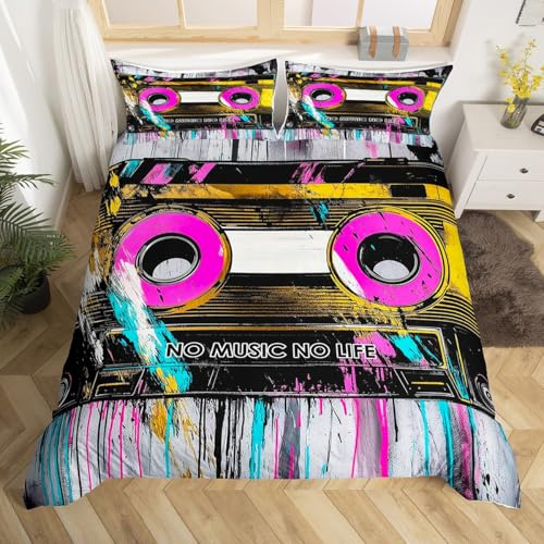 Feelyou Music Duvet Cover King Size Cassette Tape Music Bedding Set for Boys Girls Retro Trendy Comforter Cover Bedroom Decor 3Pcs