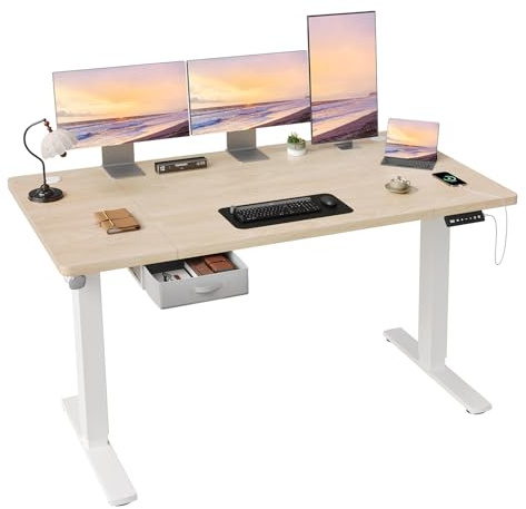 JUMMICO Höhenverstellbarer Elektrischer Stehtisch 160 x 80 cm mit Schublade und Haken – Höhenverstellbarer Sitz-Steh-Tisch mit Stabilem Stahlrahmen, Breiter Stehtisch für das Homeoffice, Beige