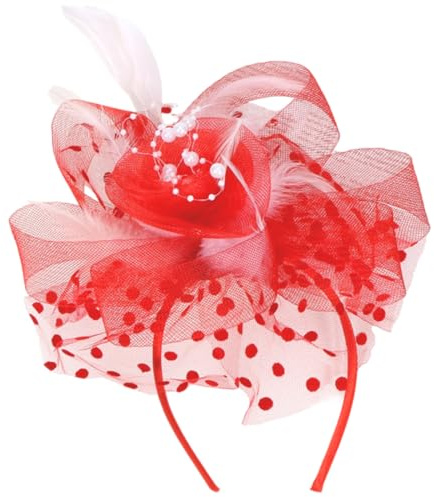 Fasching Haarreif Damen,Damen Fascinator Hut Blume,Karneval Mesh Federn Kopfschmuck,Blumen Rot Weiss Stirnband Clip,Haarschmuck für Teeparty Kirche Hochzeit Accessoires
