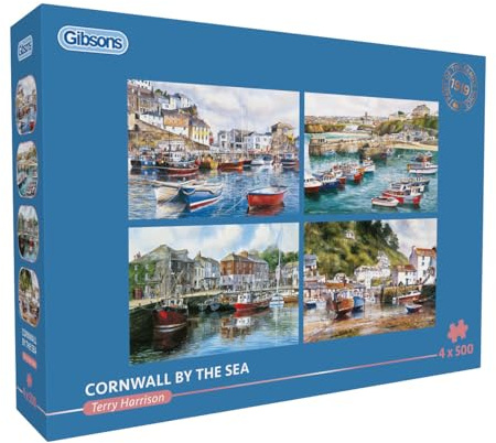 Gibsons Cornwall by the Sea 4 x 500 Piece Jigsaw Puzzle Set for Adults – Four Charming Coastal & Boat Scenes by Terry Harrison – Seaside Retreat Theme – Premium Multi‑Box Puzzle Collection